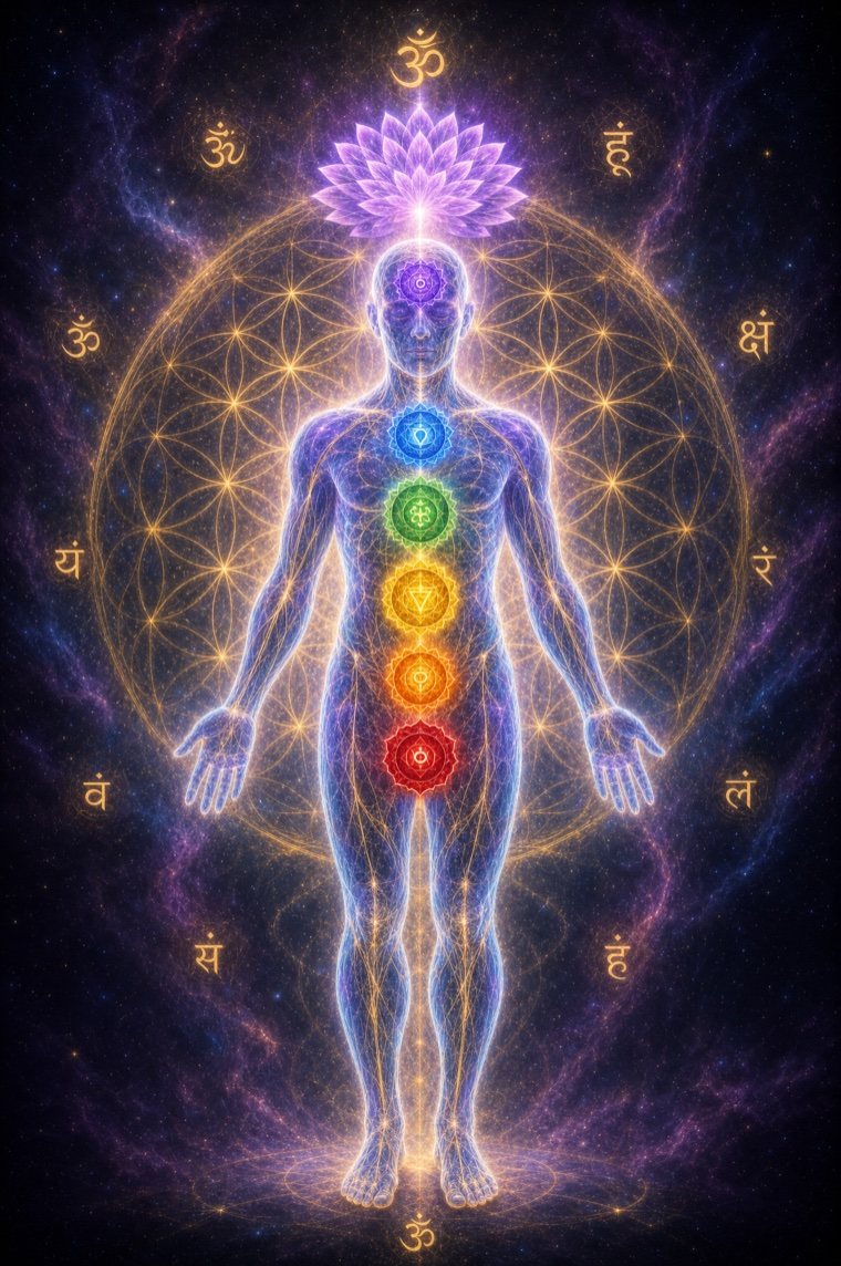Ethereal wireframe of a standing human figure with the seven chakra mandala symbols illuminated along the spine, over Flower of Life sacred geometry