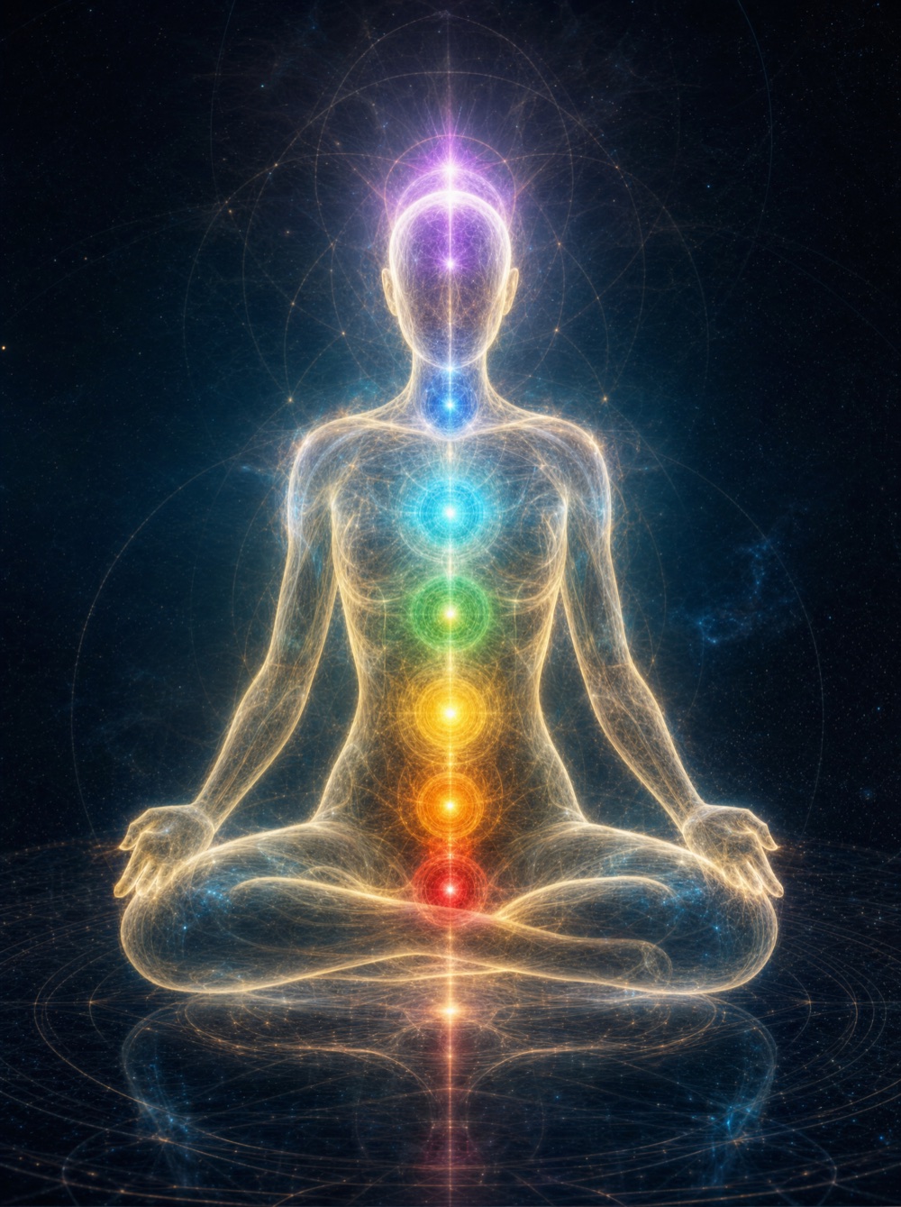 Ethereal wireframe of a person seated in meditation with seven luminous chakra energy centers along the spine