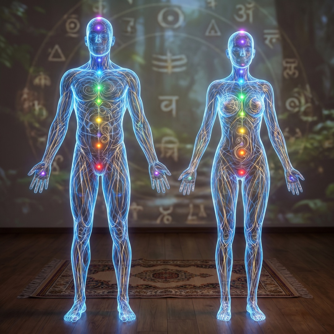 Ethereal wireframe of a male and female figure with the seven chakras and the network of energy channels (nadis/meridians) illuminated through the body